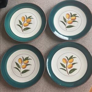 Stangl Hand-Painted Teal Rim Ceramic Dessert Plates Kumquat pattern - Set of 4